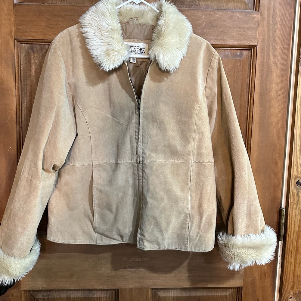 Tan Leather Jacket with Faux Fur Trim